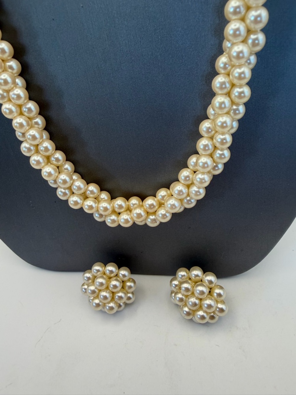 Classic Triple Strand Champagne Pearl Cluster Rope Necklace and Earrings Set